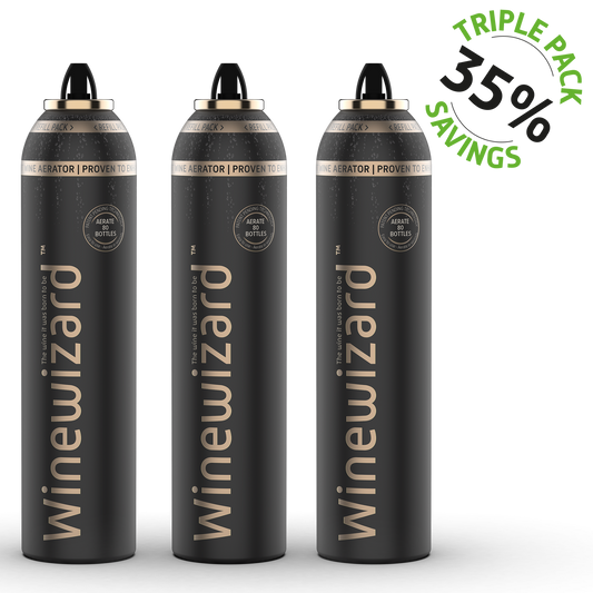 Three black cylindrical wine aerator refills with gold and silver accents, labeled Winewizard.