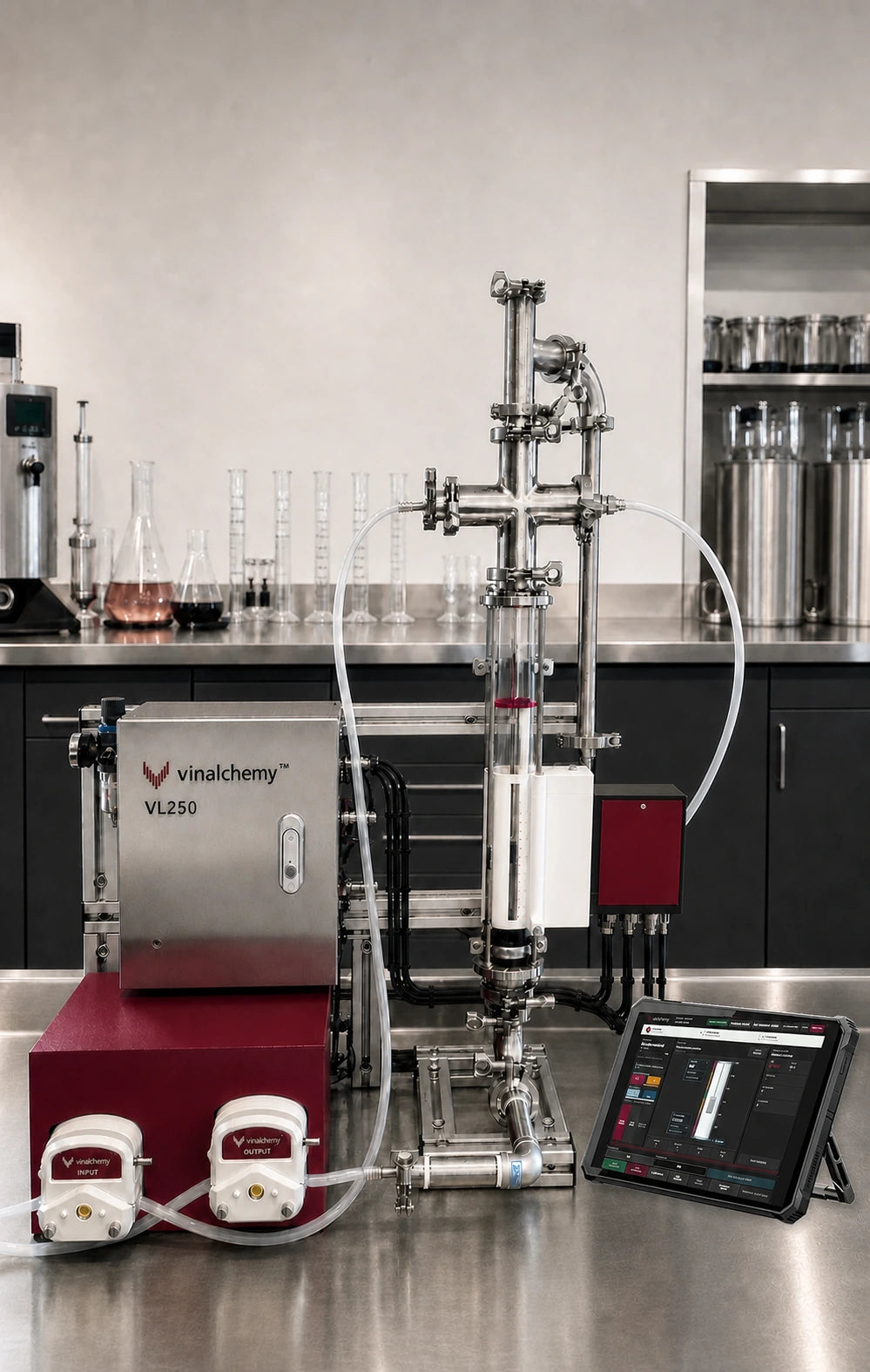 Vinalchemy VL250 winery technology system in a laboratory setting