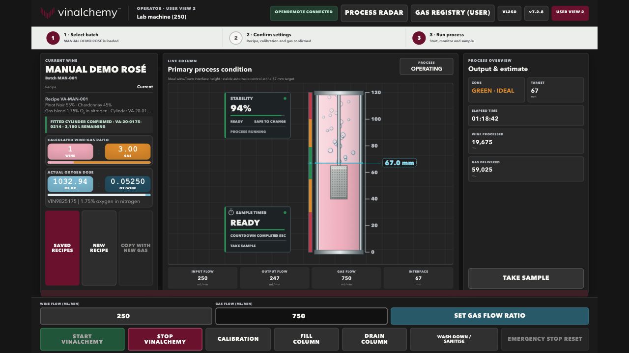 Vinalchemy operator interface showing a connected, stable process at the 67 millimetre target